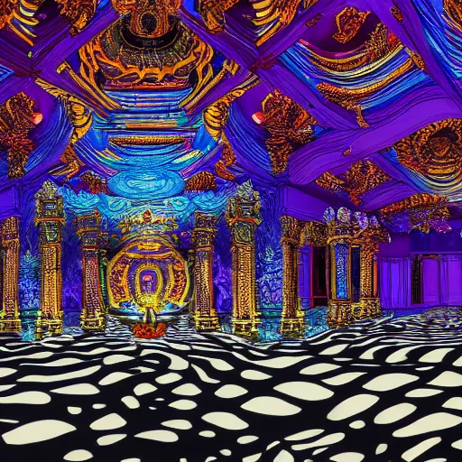 Prompt: Photorealistic inside a temple made of snakes. Hyperdetailed photorealism, 108 megapixels, amazing depth, glowing rich colors, powerful imagery, Psychedelic Overtones, Crisp, Clean image, mostly black purple and teal