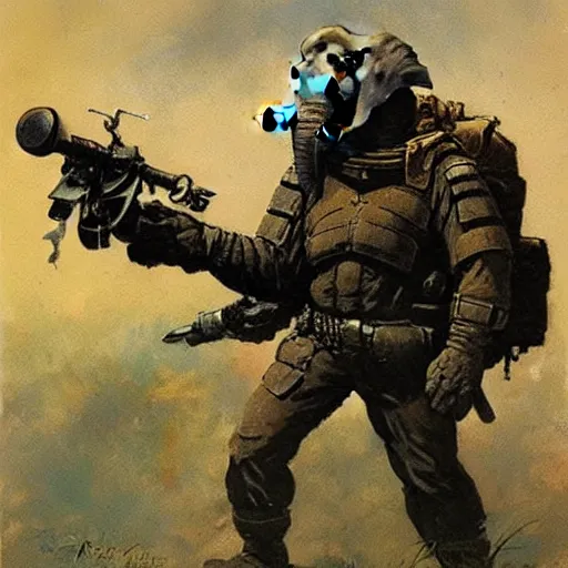 Image similar to an elephant in tactical gear in a frazetta painting