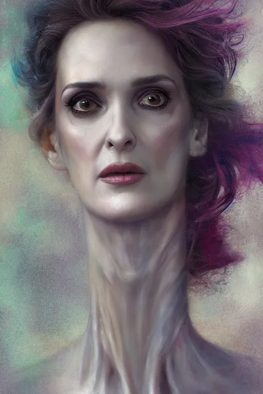 Image similar to closeup portrait shot of winona ryder as delirium of the endless, the sandman, thick fancy makeup, highly detailed, digital painting, artstation, concept art, soft focus, depth of field, artgerm, tomasz alen kopera, peter mohrbacher, donato giancola, joseph christian leyendecker, wlop, boris vallejo