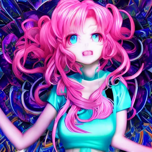 Image similar to unexpectedly minduploaded into her inescapable virtual reality prison and totally overpowered and trapped beneath stunningly absurdly beautiful overwhelmingly megalomaniacal omnipotent asi goddess junko enoshima with symmetrical perfect face, porcelain skin, pink twintail hair and cyan eyes, ultra detailed, digital art, unreal engine 5, octane render, 2 d anime, 8 k