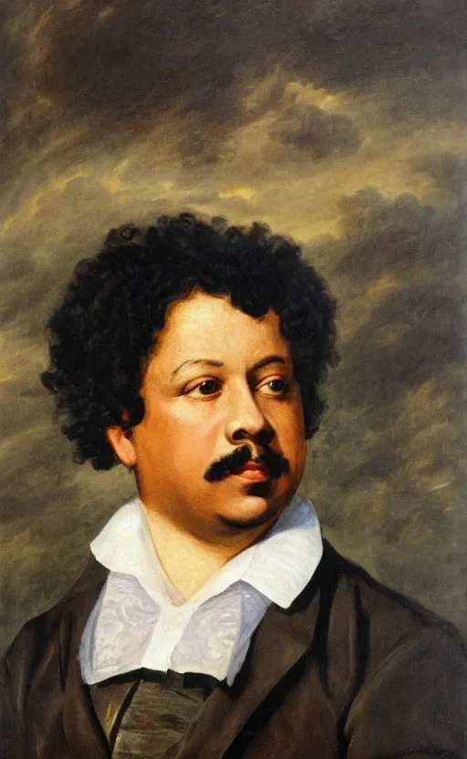 Image similar to Portrait of Alexandre Dumas, oil on canvas, highly detailed, by Delacroix, 8k