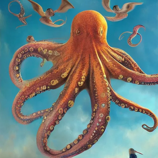 Image similar to an octopus with wings flying with birds, oil on canvas, portrait, intricate, 8k highly professionally detailed, HDR, CGsociety