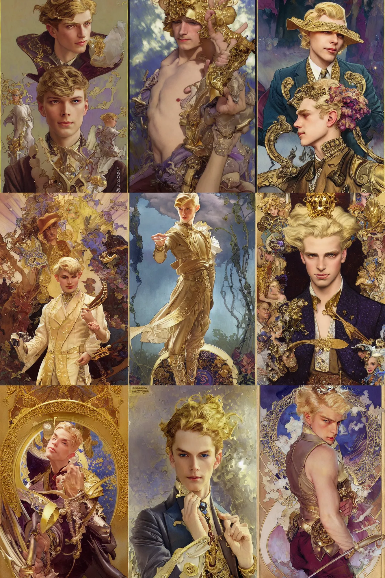 Prompt: beautiful young prince, blonde hair, gold, 1 9 2 0 s fashion, fantasy, art by joseph leyendecker, donato giancola, dean cornwell, peter mohrbacher, ruan jia, marc simonetti, ayami kojima, cedric peyravernay, alphonse mucha, thomas kinkade