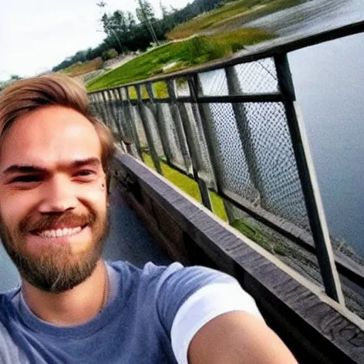 Image similar to pewdiepie selfie at a bridge