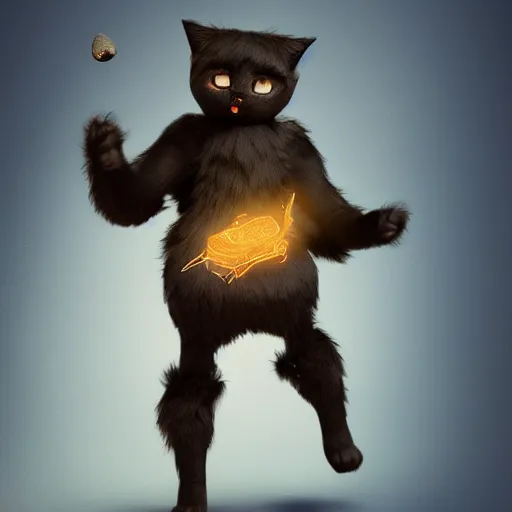 Image similar to a cat person with black fur, wearing flip flops, laughing maniacally as he casts magic spells, featured on artstation, 8k, digital art