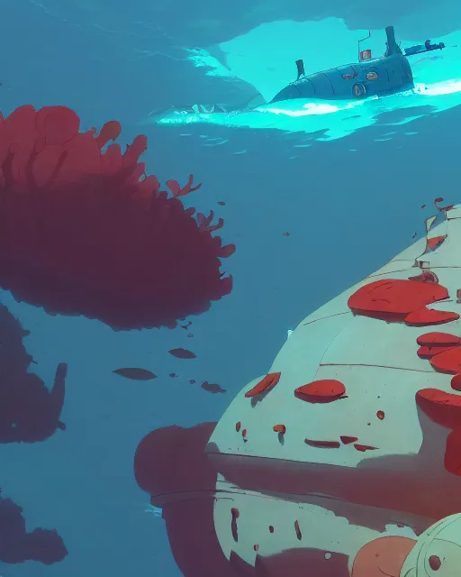 Image similar to a submarine made of red stone, deep water, glowing seaweeds, cory loftis, james gilleard, atey ghailan, makoto shinkai, goro fujita, studio ghibli, rim light, exquisite lighting, clear focus, very coherent, plain background, soft painting