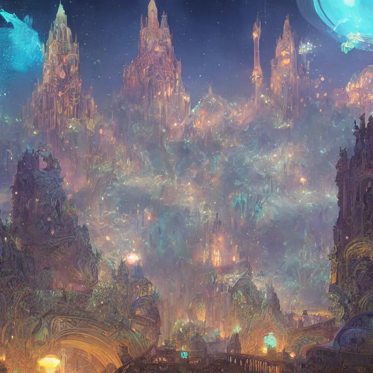 Image similar to a beautiful painting of the towers, domes, and pinnacles of the city of atlantis, underwater with glowing lights, fish and jellyfish, with the night sky with stars above, intricate, elegant, highly detailed, digital painting, artstation, concept art, by krenz cushart and artem demura and alphonse mucha