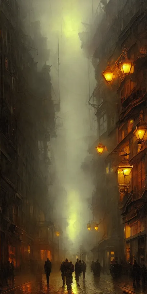 Image similar to a street of a city in 1 9 4 0 with yellow light on from the windows during the night, a men stand up under a light, steam punk, mystical red fog, oil on canvas, art by andreas achenbach, clemens ascher, tom bagshaw and sabbas apterus,
