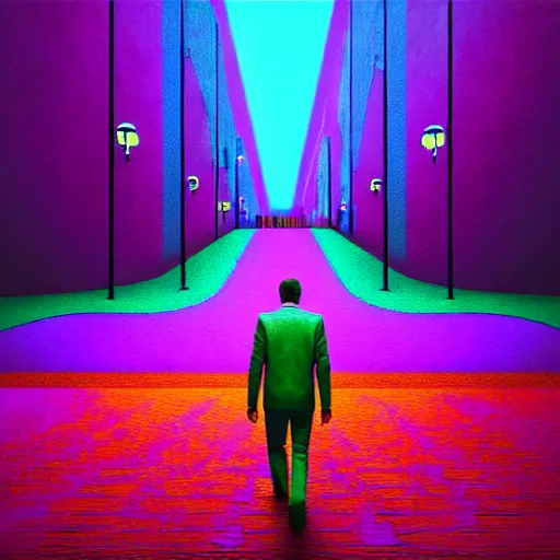 Image similar to photo - realistic, painting of a man walking alone in the boulevard of psychedelic dreams, trippy stairs in the background, hyper detail, sharp, in the style of beeple, mobeius, rule of thirds, unreal engine