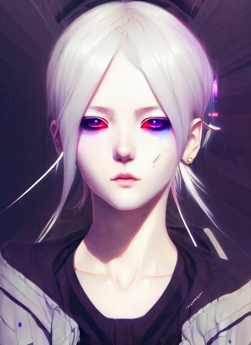 Image similar to portrait Anime girl cyberpunk, cute-fine-face, white-hair pretty face, realistic shaded Perfect face, fine details. Anime, cyberpunk. realistic shaded lighting by Ilya Kuvshinov and Gustav Klimt