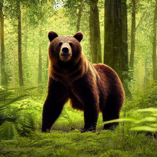 Prompt: a brown bear howling standing up in the middle of a glade in the forest, hyper realistic