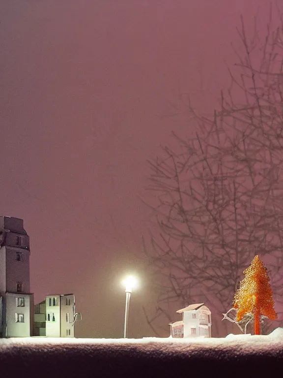 Prompt: small diorama a soviet residential building, pink volumetric lights are on in the windows, dark night, two man fighting for bottle of vodka on yard in front of building, cozy atmosphere, fog, cold winter, snowing, streetlamps with orange volumetric light, birches nearby,