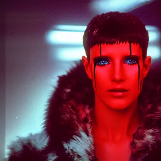 Image similar to cinematic portrait of a runaway replicant with tribal facepaint and a red translucent plastic raincoat in an empty room, still from the movie bladerunner, fashion photography, a neon sign is in the background