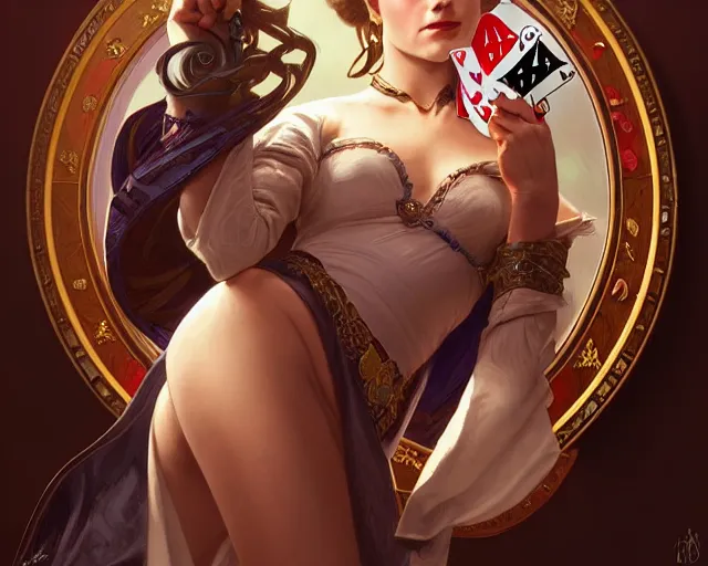 Image similar to royal flush, all in, poker, winner, smirk, deep focus, d & d, fantasy, intricate, elegant, highly detailed, digital painting, artstation, concept art, matte, sharp focus, illustration, hearthstone, art by artgerm and greg rutkowski and alphonse mucha