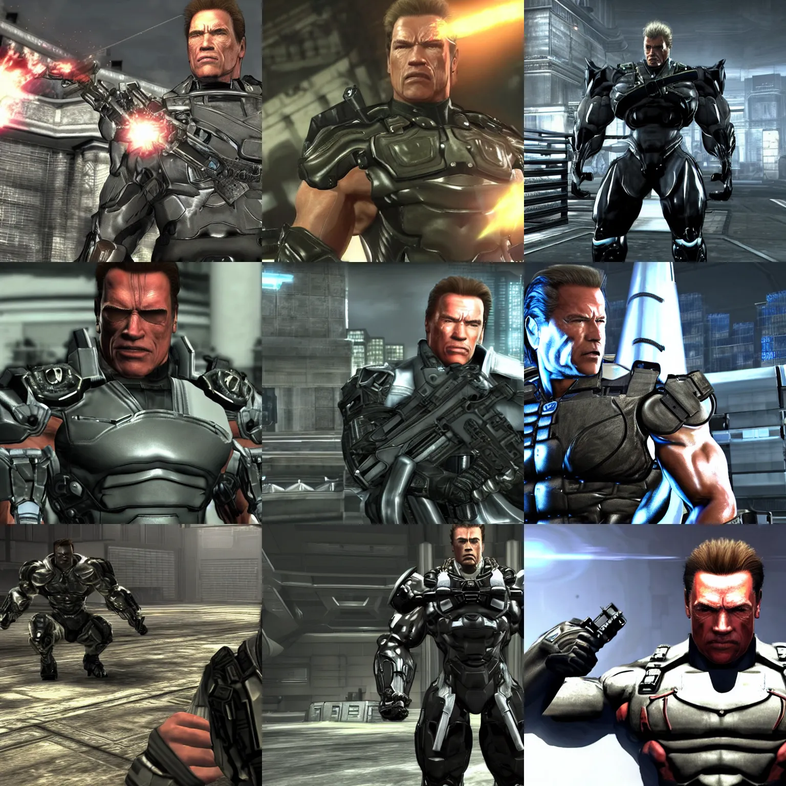 Prompt: Arnold Schwarzenegger as senator armstrong in metal gear rising revengeance, in-game screenshot