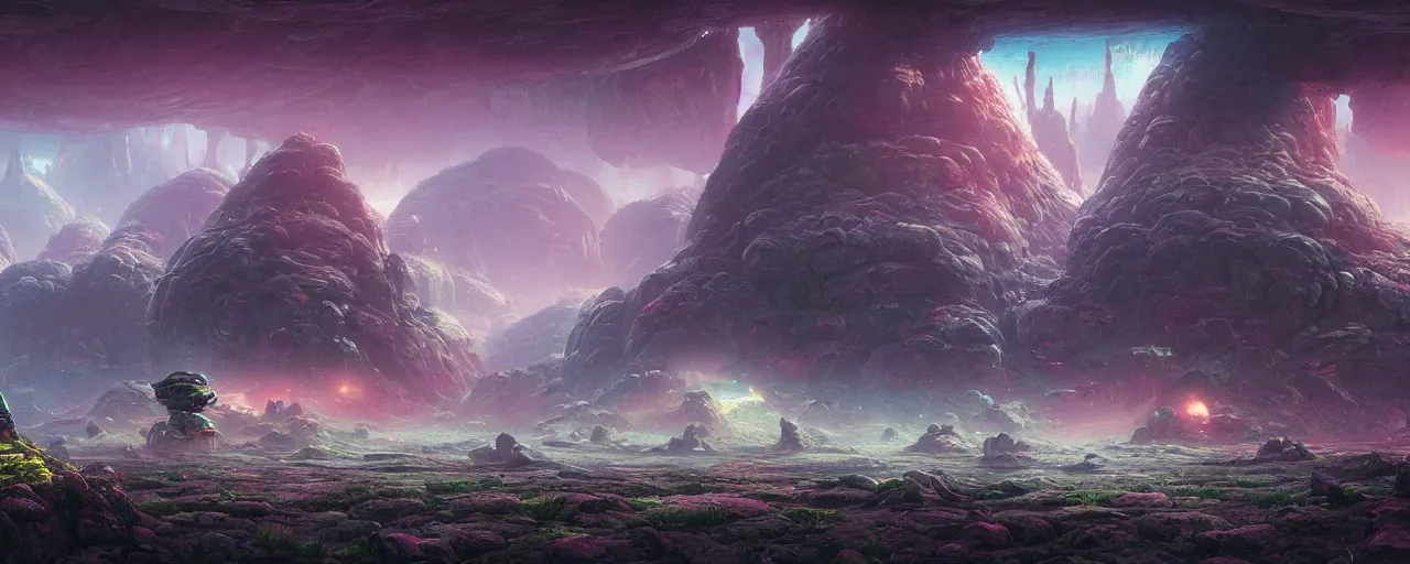 Image similar to ” mysterious and whimsical alien landscape, [ inviting, cinematic, detailed, epic, widescreen, opening, establishing, mattepainting, photorealistic, realistic textures, octane render, art by slop and paul lehr ] ”