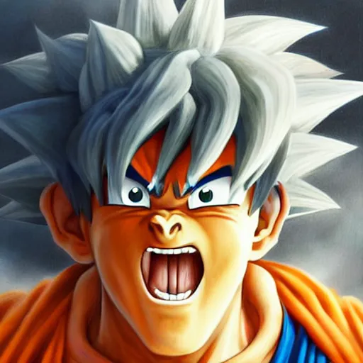 Image similar to beautiful hyperrealistic detailed matte portrait painting of happy goku, by andreas rocha and john howe, and martin johnson