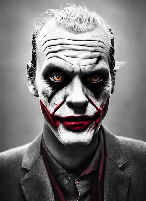Image similar to photo of Bill Skarsgard as the Joker by Eolo Perfido and Lee Jeffries, big smile, head shot, detailed, award winning, Sony a7R