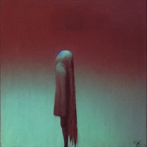 Image similar to young teen female, who has head of crow instead of human, painting by Beksinski