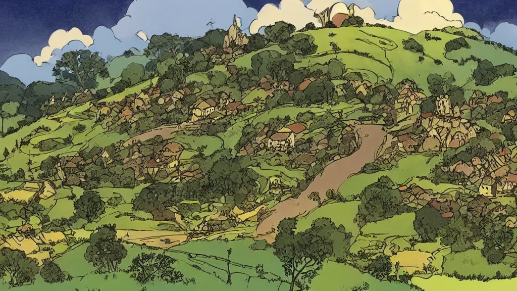 Image similar to a genndy tartakovsky illustration of the shire from lord of the rings