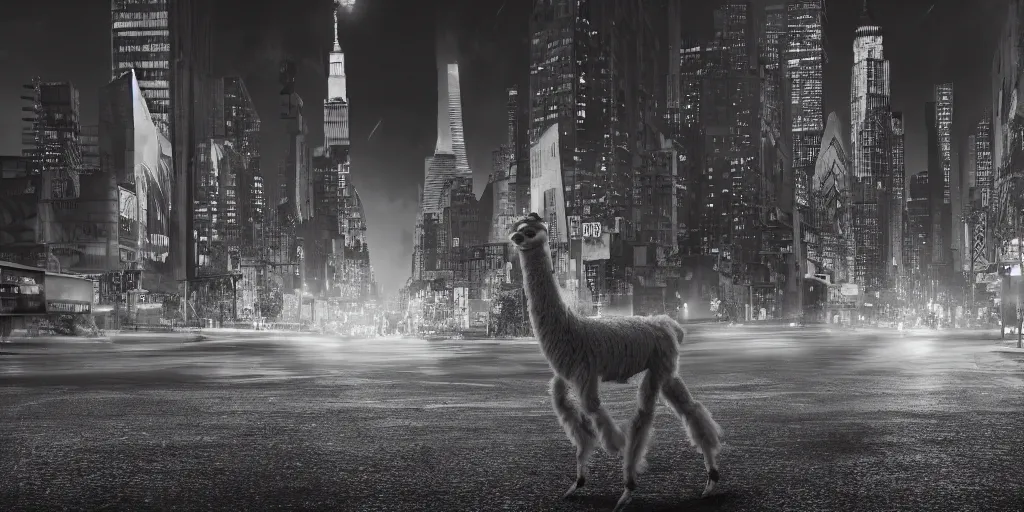 Image similar to a llama walking through a desolate manhattan city street at night, statue of liberty seen in the background, realistic 4 k octane beautifully detailed render, 4 k post - processing, highly detailed, intricate complexity, epic composition, magical atmosphere, cinematic lighting, masterpiece, ultra hd