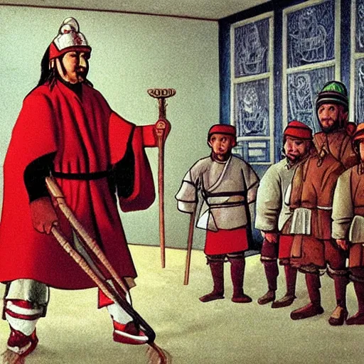 Image similar to genghis khan as a janitor in a dimly lit elementary school