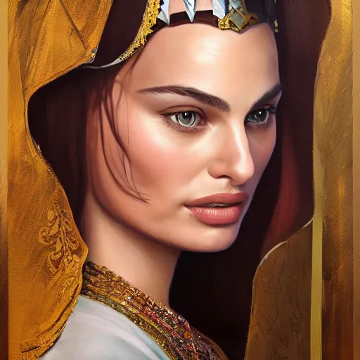 Image similar to a portrait of a woman who looks like a mix of natalie portman and margot robbie as an arabian princess in a disney movie, crown!! oil painting, pale colors, high detail, 8 k, wide angle, trending on artstation,