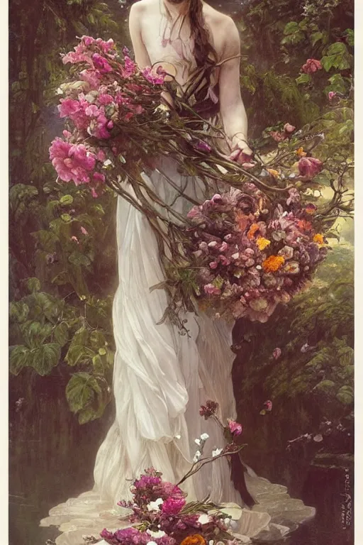 Image similar to portrait of emma watson as beautiful mysterious woman holding a bouquet of flowing flowers, hands hidden under the bouquet, fantasy, regal, intricate, by stanley artgerm lau, greg rutkowski, thomas kindkade, alphonse mucha, loish, norman rockwell