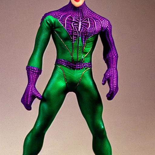 Prompt: purple and green spiderman suit by todd mcfarlane