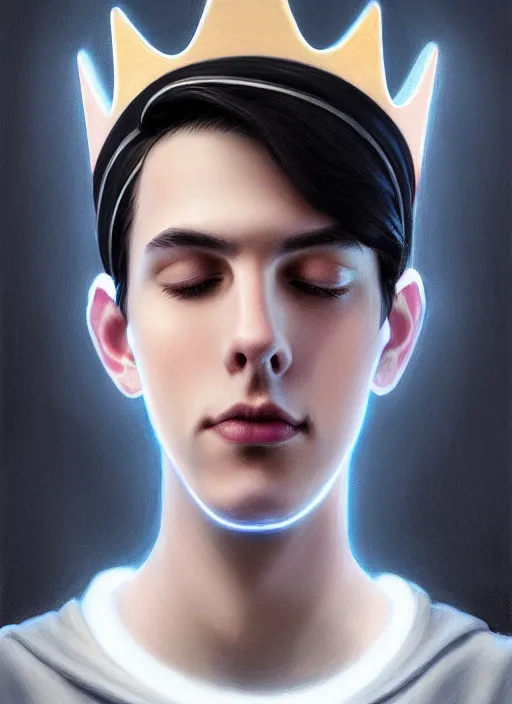 Image similar to portrait of teenage jughead jones wearing a light grey crown, photorealistic, crown, eyes closed, crown, black hair, intricate, elegant, glowing lights, highly detailed, digital painting, artstation, concept art, smooth, sharp focus, illustration, art by wlop, mars ravelo and greg rutkowski