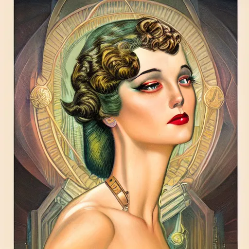 Prompt: an art deco portrait in the style of anna dittmann and donato giancola and virgil finlay.