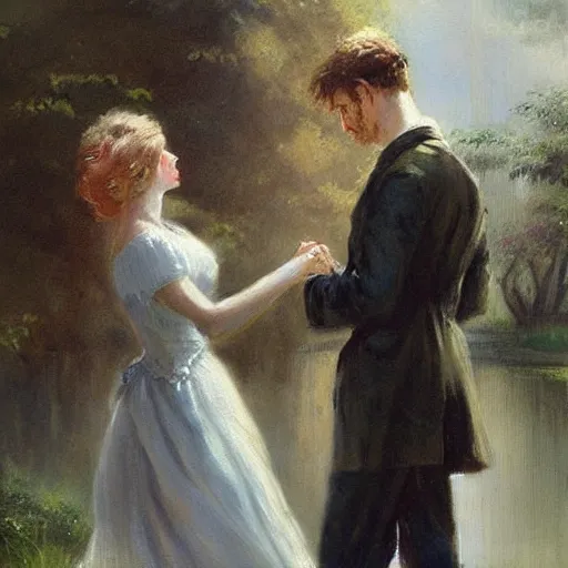 Prompt: a romantic painting. By bowater. Met you thousands of times in thousands of stories.