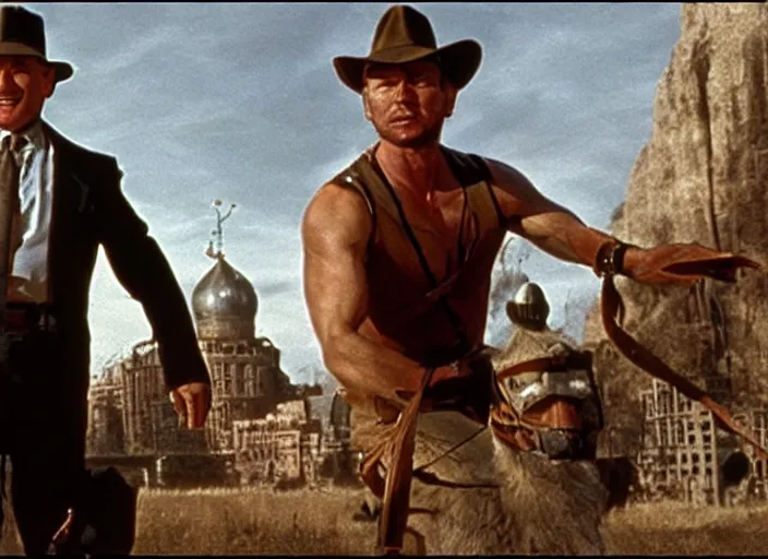 Prompt: film still, vladimir putin in the movie indiana jones