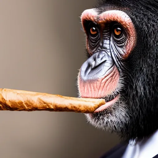 Prompt: a high detail closeup shot of a chimp wearing a suit, smoking a cigar