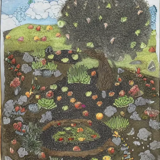 Image similar to a little garden with a few apple trees, porcupines, a blue rock half buried in the black earth with a few patterns here and there like fallen clouds