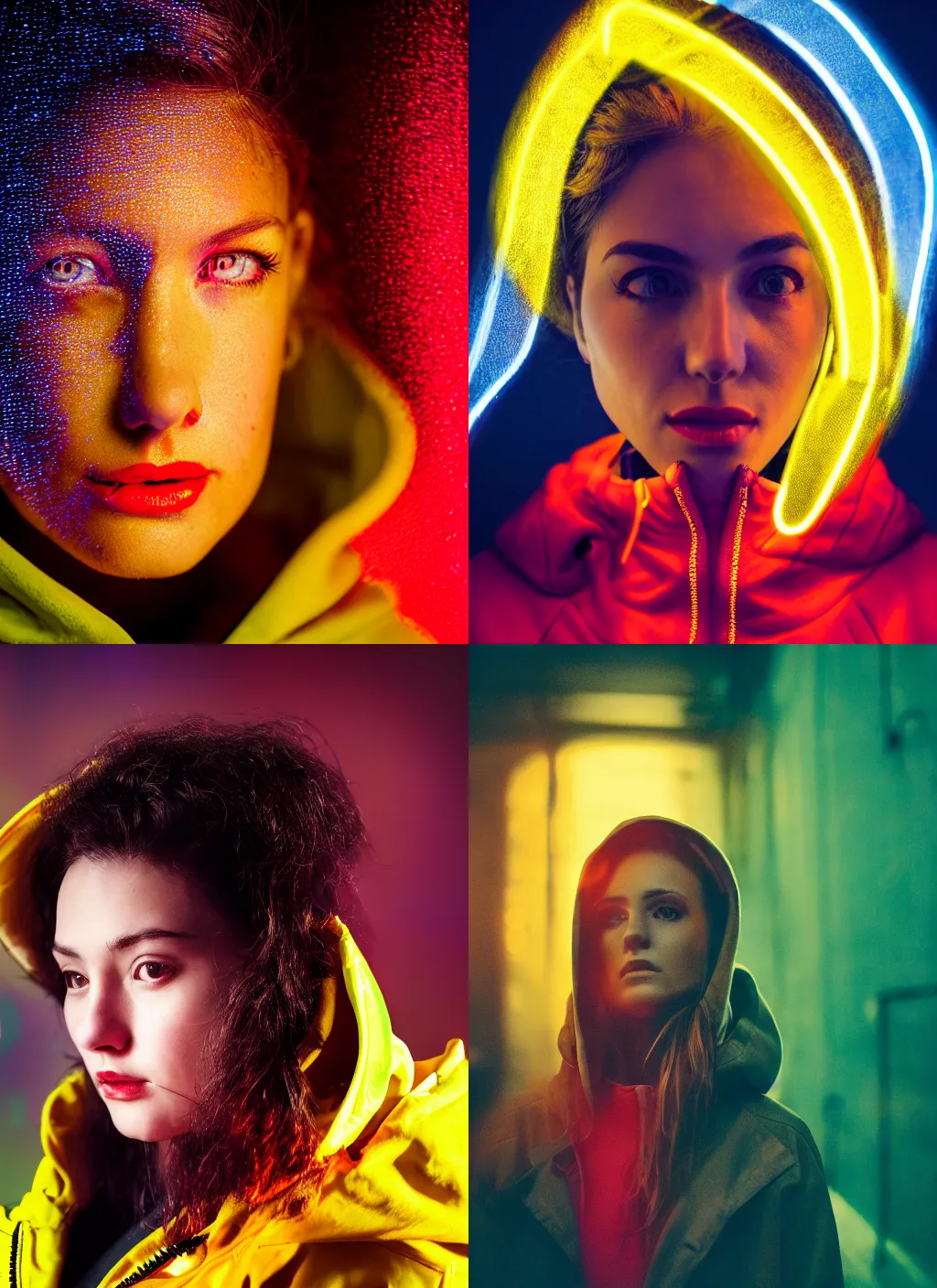 Prompt: A hyper realistic and detailed head portrait photography of a woman wearing a futuristic yellow raincoat with hoodie. Neo noir style. Cinematic. Swirly bokeh. Red neon lights and glow in the background. Lens flare.