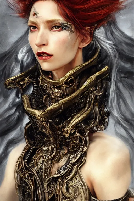 Prompt: portrait, headshot, insanely nice hair style, dramatic hair color, digital painting, of a old 17th century, old cyborg merchant, amber jewels, baroque, ornate clothing, scifi, realistic, hyperdetailed, chiaroscuro, concept art, art by Franz Hals and Jon Foster and Ayami Kojima and Amano and Karol Bak,