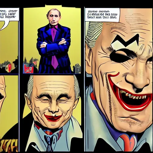 Prompt: Putin dressed as the Joker, artwork by Frank Miller