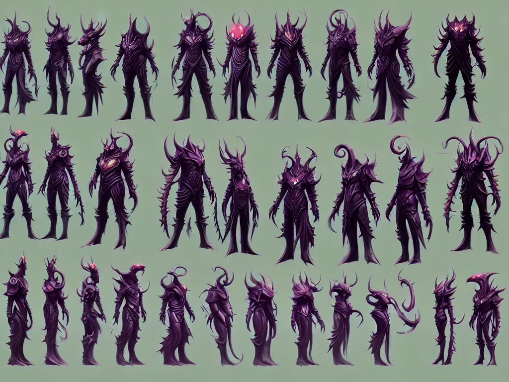 Prompt: highly detailed moba artstation character design sheet for a group of sci - fi alien boss, anato finnstark, dark fantastic, game assets, unreal engine, unity, concept art