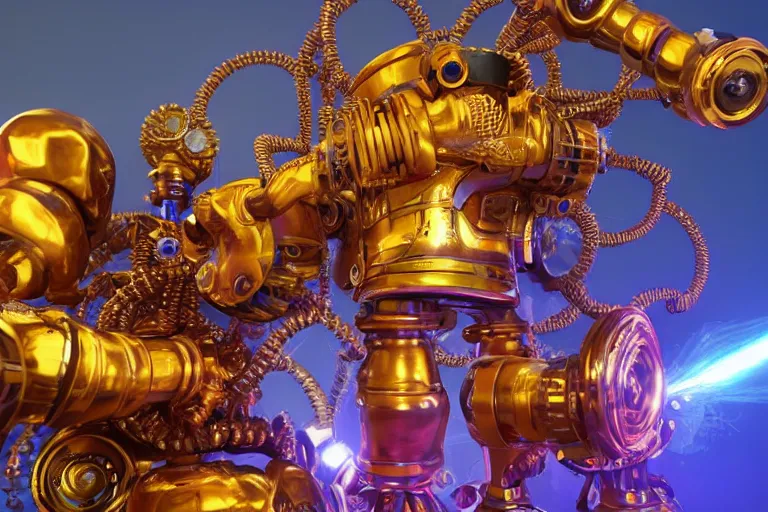 Prompt: portrait photo of a giant huge golden and blue metal steampunk robot with a foamspitting foam machine, with gears and tubes, eyes are glowing red lightbulbs, shiny crisp finish, 3 d render, 8 k, insaneley detailed, fluorescent colors, background is multicolored lasershow