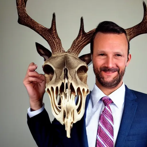 Prompt: a bible salesman with a deer skull for a head wearing a suit