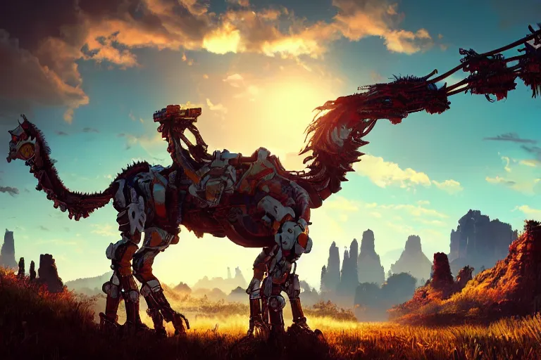 Image similar to tallneck machine creature robot of horizon forbidden west horizon zero dawn radiating a glowing aura global illumination ray tracing hdr fanart arstation by ian pesty and alena aenami artworks in 4 k