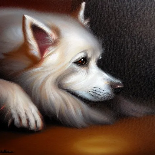Image similar to fantasy canine illustration, soft lighting, soft details, dark mood, painting oil on canvas by Claire Hummel, HD