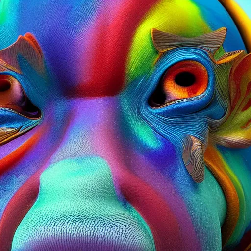 Image similar to a close up of a colorful animal's face, a 3 d render by alberto seveso, featured on zbrush central, cloisonnism, rendered in cinema 4 d, detailed painting, zbrush