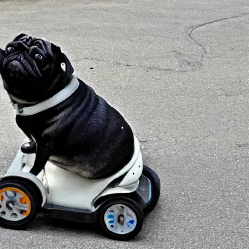 Prompt: a morbidly obese pug riding a mobility scooter, high resolution photo