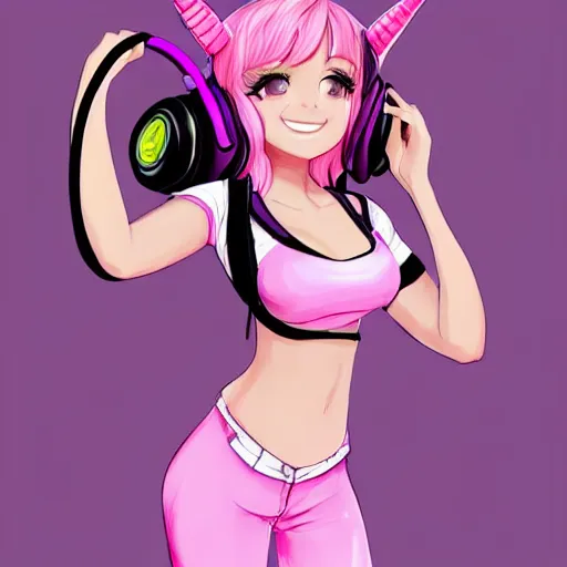 Image similar to !dream very very very beautiful pink gamer girl wearing headphones with a unicorn horn coming out of her head standing in a pink girls room, full body portrait, eye contact, smiling, perfect face, perfect body, extreme long shot, drawn by artgerm