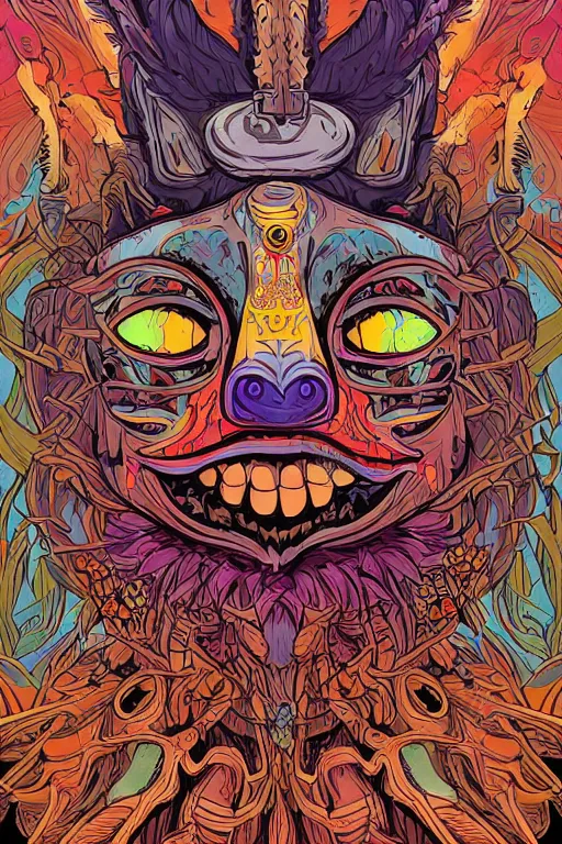 Image similar to animal mask totem roots tribal feather gemstone plant wood rock shaman vodoo video game vector illustration vivid multicolor borderlands comics by josan gonzales and dan mumford radiating a glowing aura