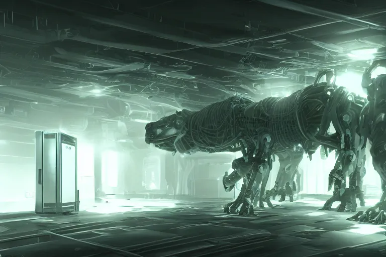 Image similar to parallax datacenter server room interior single mono colossus white rusty android guest robosaurus sitting artstation cinematic detailed concept art volumetric light sharp coherent cgsociety symmetric perfect well balanced shadows lotr servers