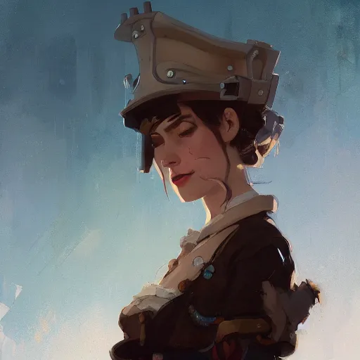 Prompt: portrait of beautiful steampunk maiden, by atey ghailan, by greg rutkowski, james gilleard, greg manchess, dynamic lighting, gradient light blue, brown, blonde cream and white color scheme, grunge aesthetic