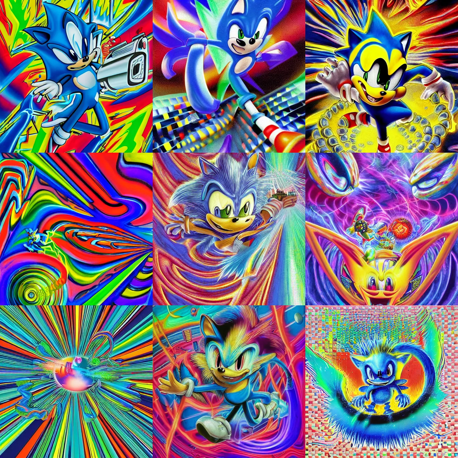 Prompt: surreal, sharp, detailed professional, soft pastels, high quality airbrush art of a liquid dissolving airbrush art lsd dmt sonic the hedgehog fracturing through cyberspace, blue checkerboard background, 1 9 9 0 s 1 9 9 2 sega genesis rareware video game album cover